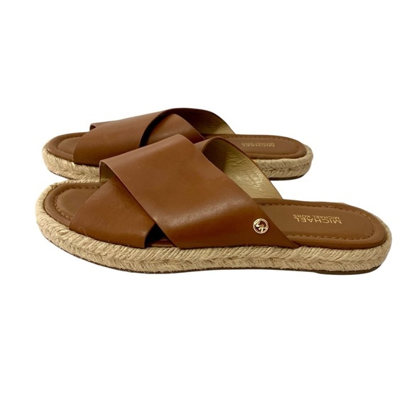 MICHAEL Miichael Kors Linden Brown Slip On Leather Sandals Size 9M Flat Jute - Picture 3 of 12